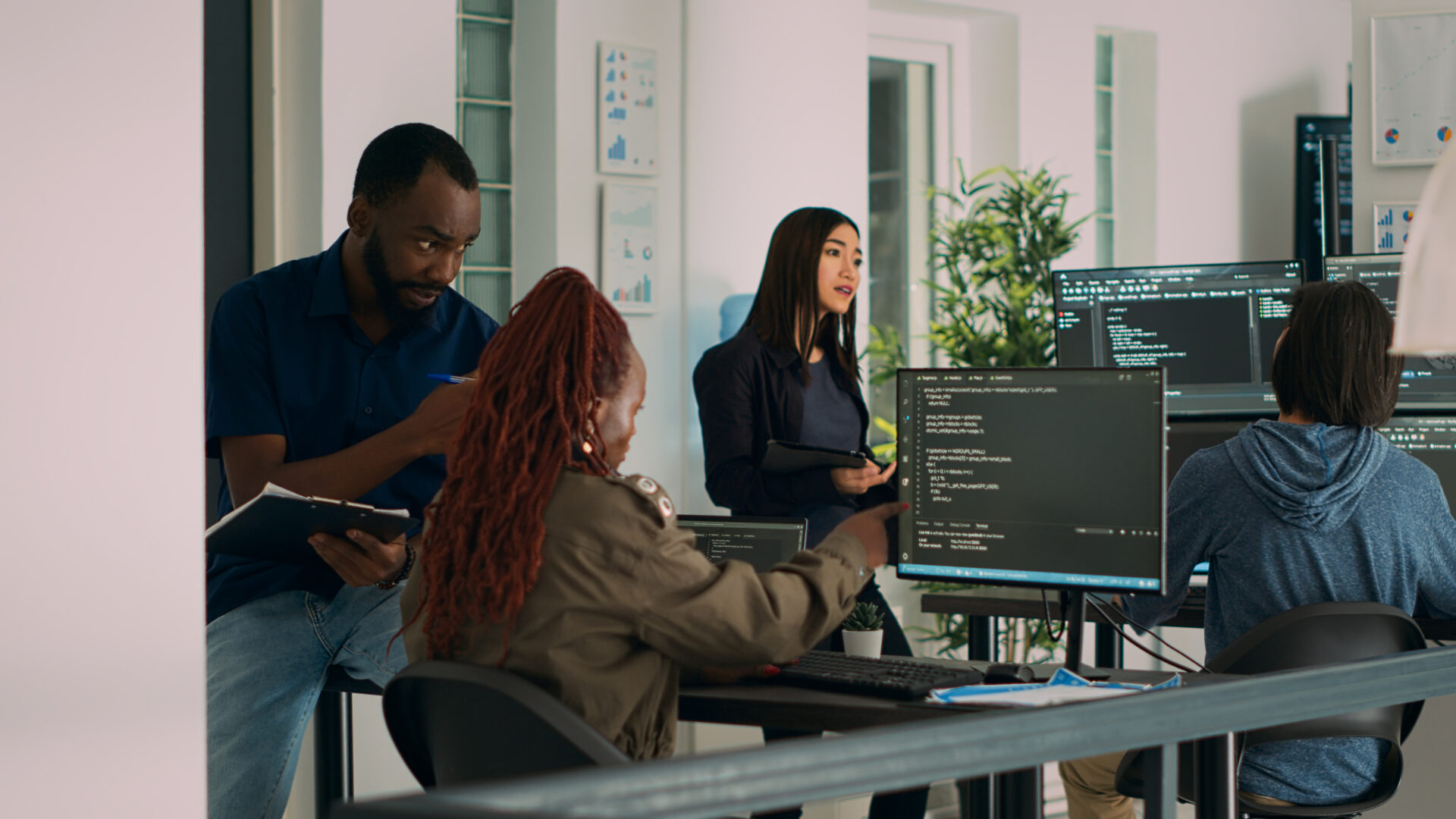 african-american-team-cloud-programers-talking-about-programming-compiling-code-working-new-user-interface-development-coders-doing-teamwork-develop-server-algorithms